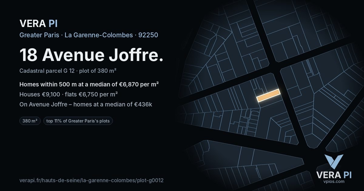 18 Avenue Joffre, La Garenne-Colombes at night – the plot lit, the parcels around coloured by the prices near them
