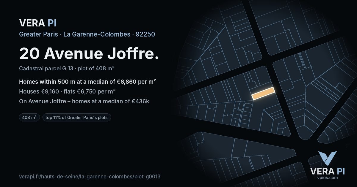 20 Avenue Joffre, La Garenne-Colombes at night – the plot lit, the parcels around coloured by the prices near them