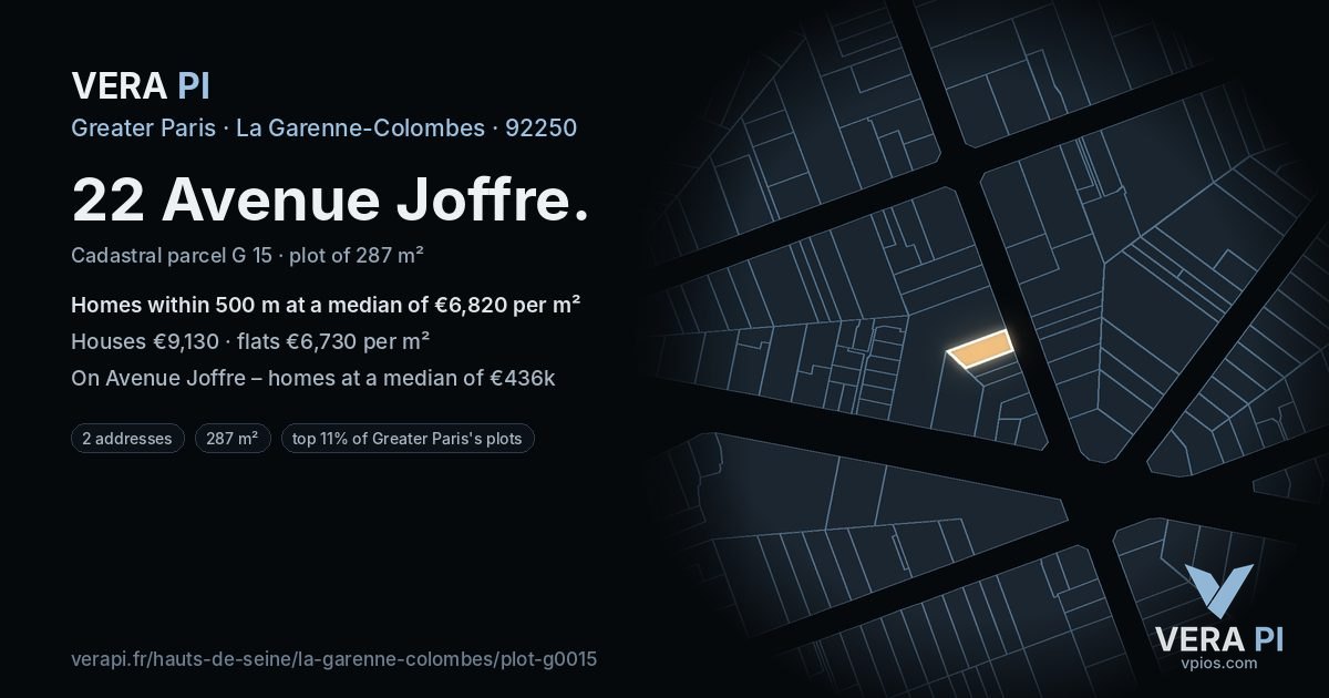 22 Avenue Joffre, La Garenne-Colombes at night – the plot lit, the parcels around coloured by the prices near them