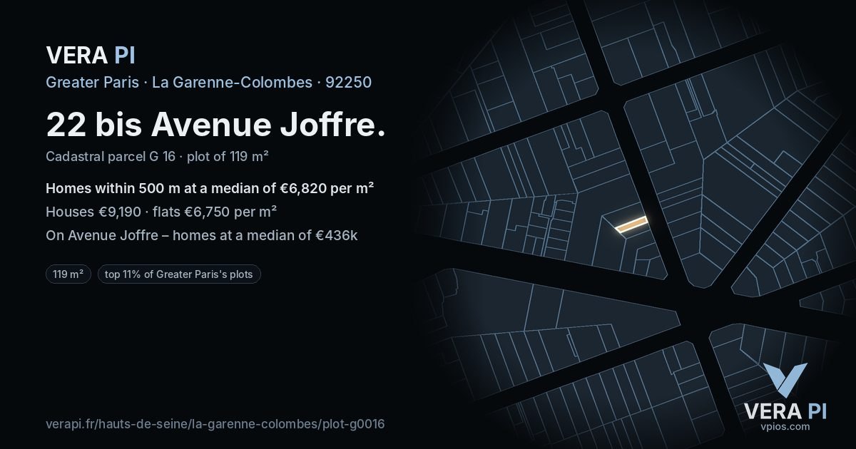 22 bis Avenue Joffre, La Garenne-Colombes at night – the plot lit, the parcels around coloured by the prices near them