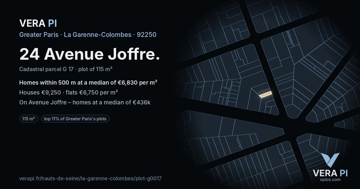 24 Avenue Joffre, La Garenne-Colombes at night – the plot lit, the parcels around coloured by the prices near them