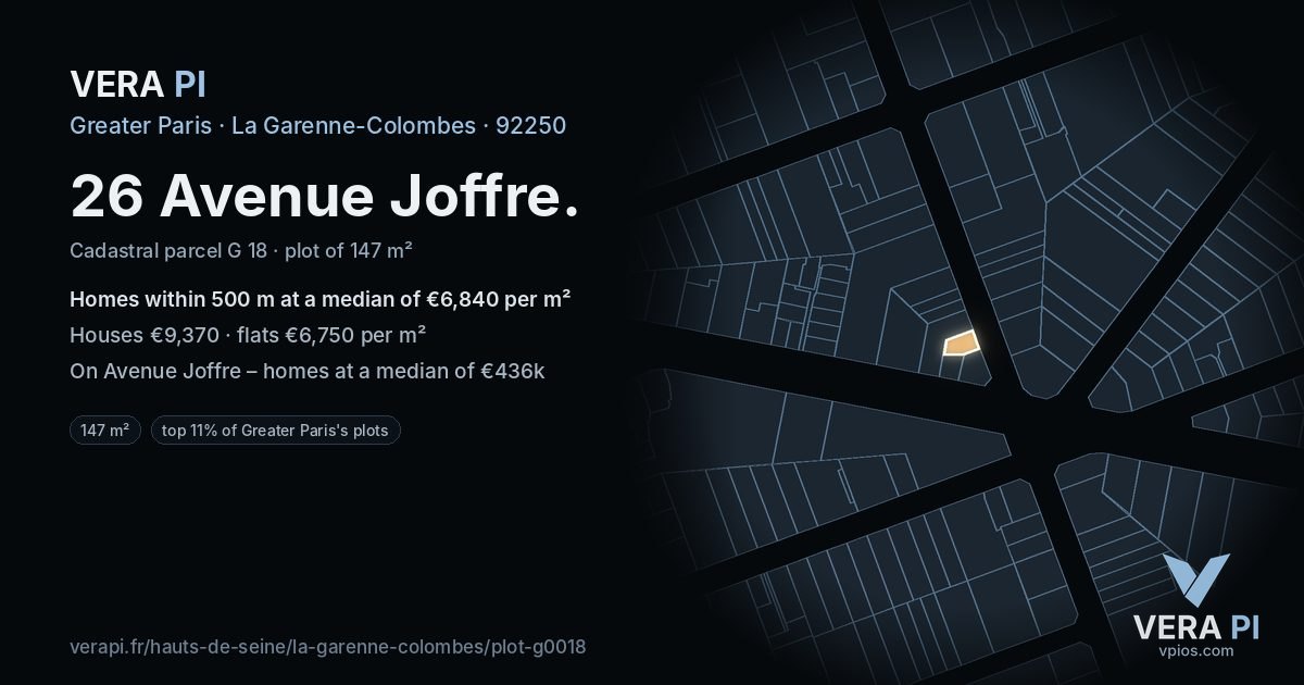 26 Avenue Joffre, La Garenne-Colombes at night – the plot lit, the parcels around coloured by the prices near them