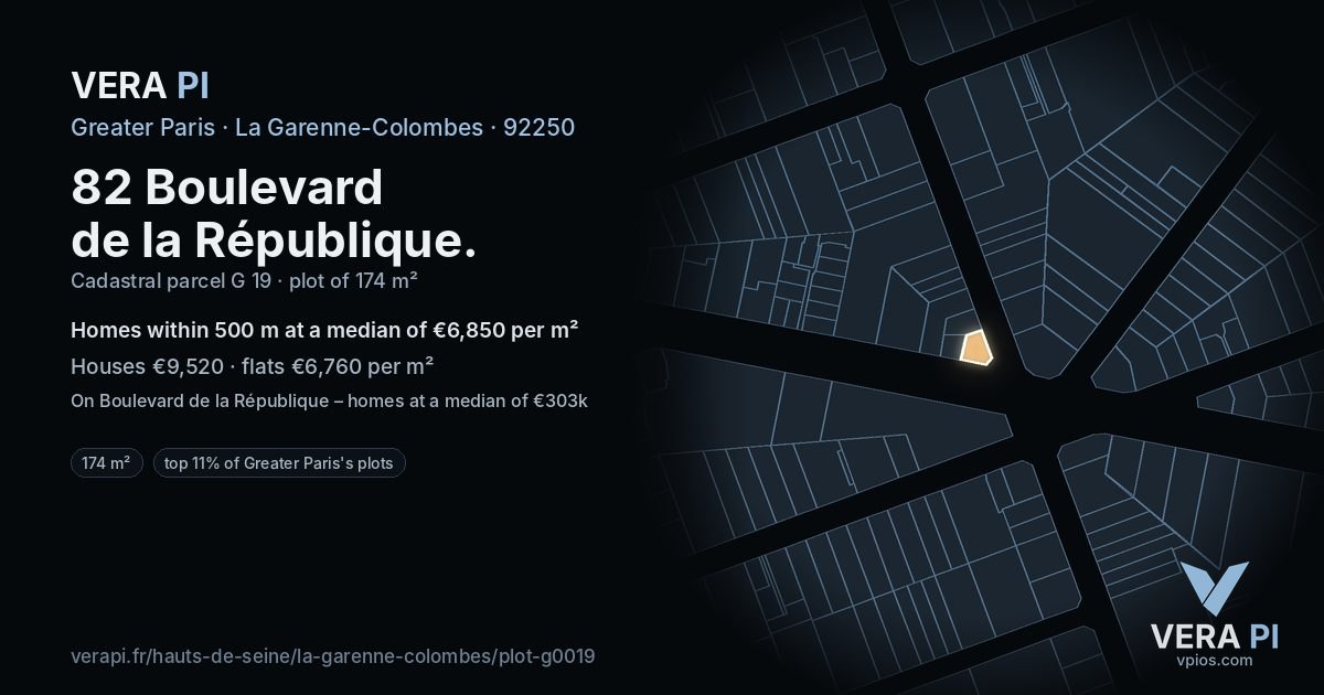 82 Boulevard de la République, La Garenne-Colombes at night – the plot lit, the parcels around coloured by the prices near them