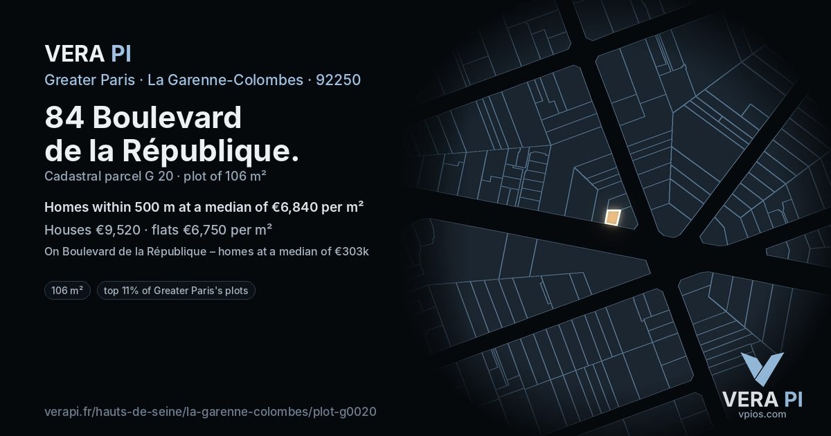84 Boulevard de la République, La Garenne-Colombes at night – the plot lit, the parcels around coloured by the prices near them