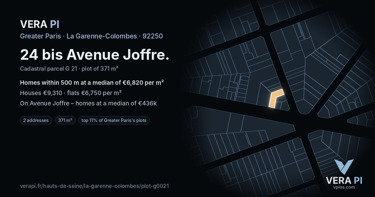 24 bis Avenue Joffre, La Garenne-Colombes at night – the plot lit, the parcels around coloured by the prices near them