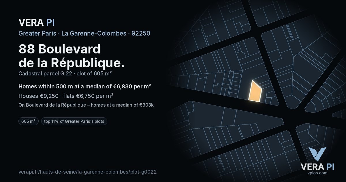 88 Boulevard de la République, La Garenne-Colombes at night – the plot lit, the parcels around coloured by the prices near them