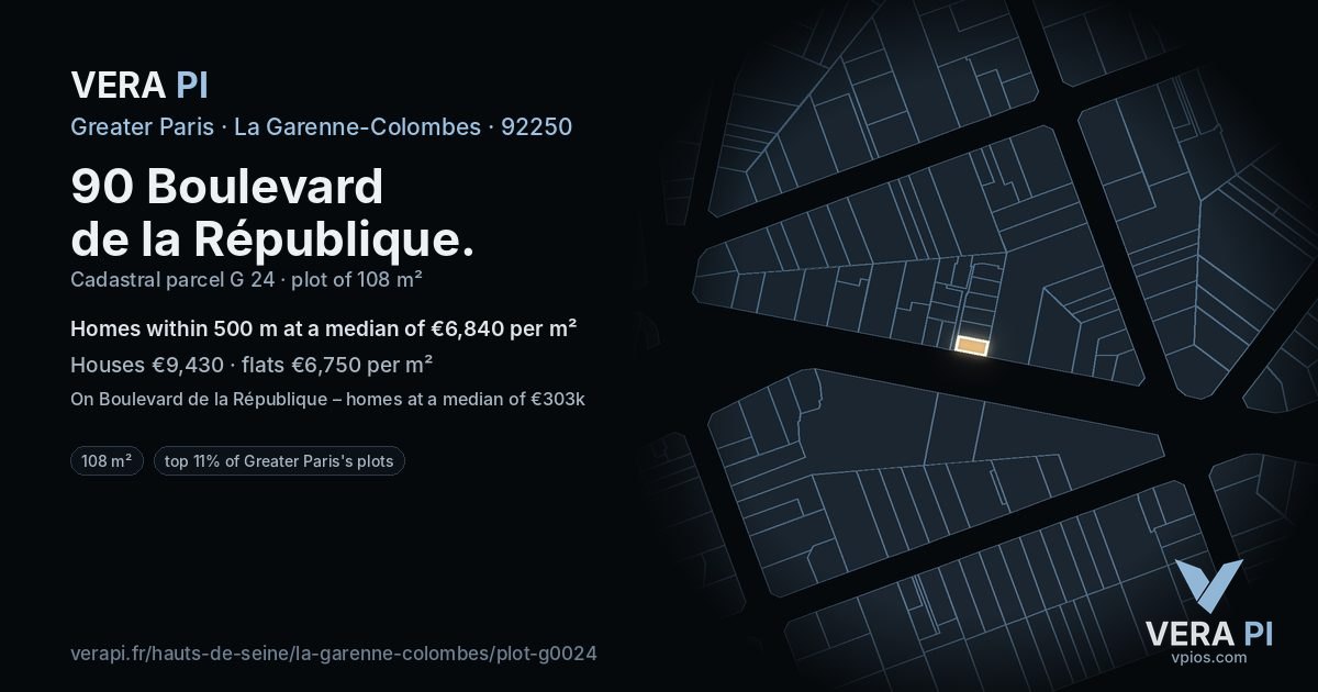 90 Boulevard de la République, La Garenne-Colombes at night – the plot lit, the parcels around coloured by the prices near them