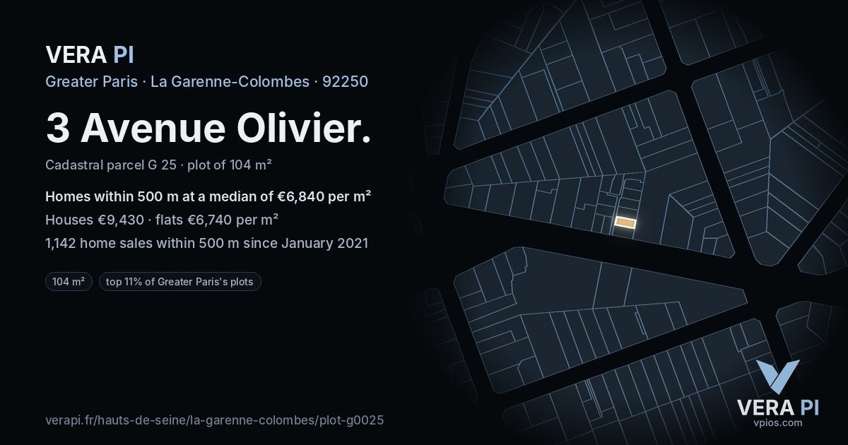 3 Avenue Olivier, La Garenne-Colombes at night – the plot lit, the parcels around coloured by the prices near them