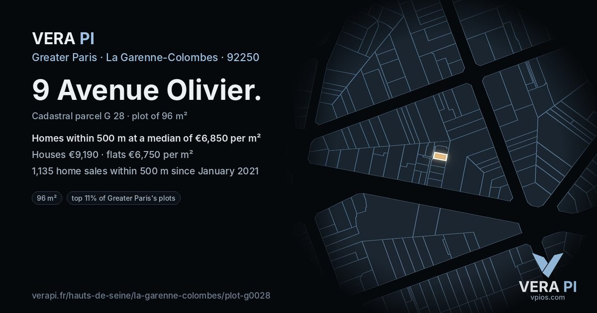 9 Avenue Olivier, La Garenne-Colombes at night – the plot lit, the parcels around coloured by the prices near them