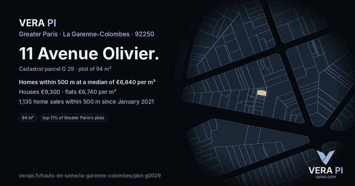 11 Avenue Olivier, La Garenne-Colombes at night – the plot lit, the parcels around coloured by the prices near them