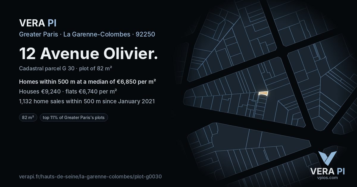 12 Avenue Olivier, La Garenne-Colombes at night – the plot lit, the parcels around coloured by the prices near them