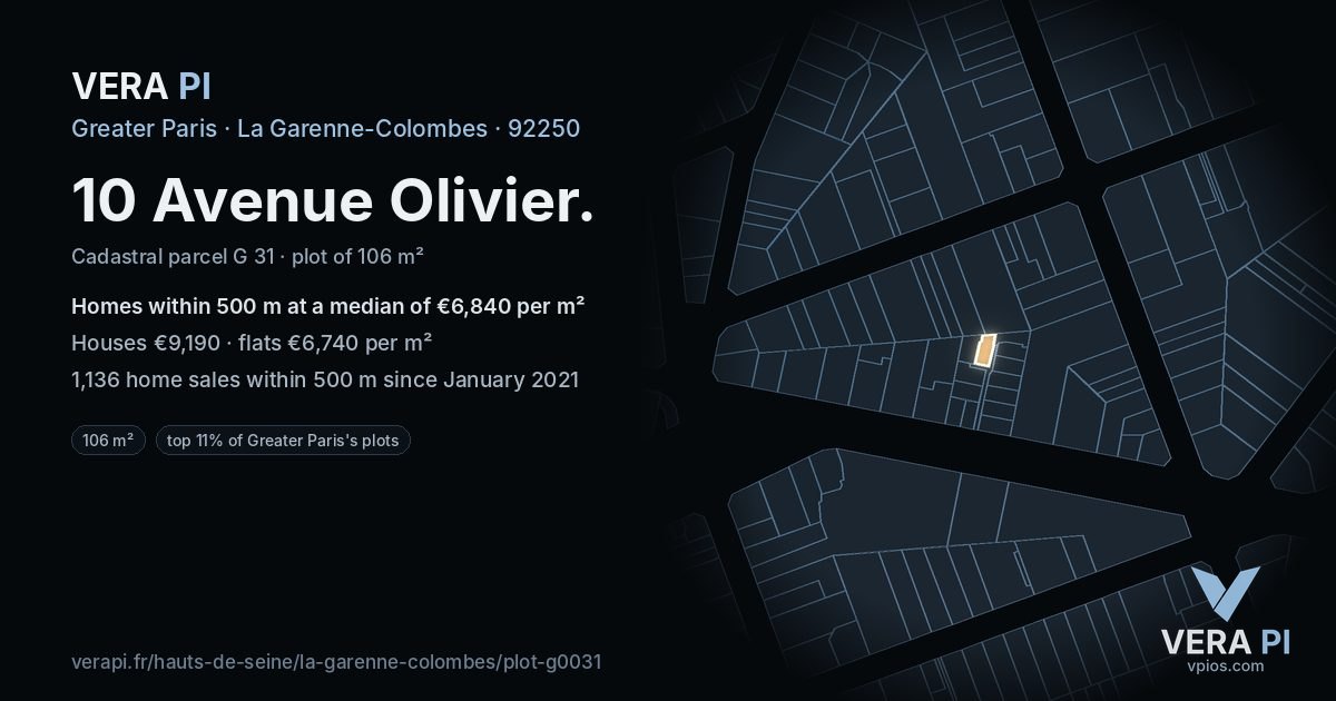 10 Avenue Olivier, La Garenne-Colombes at night – the plot lit, the parcels around coloured by the prices near them