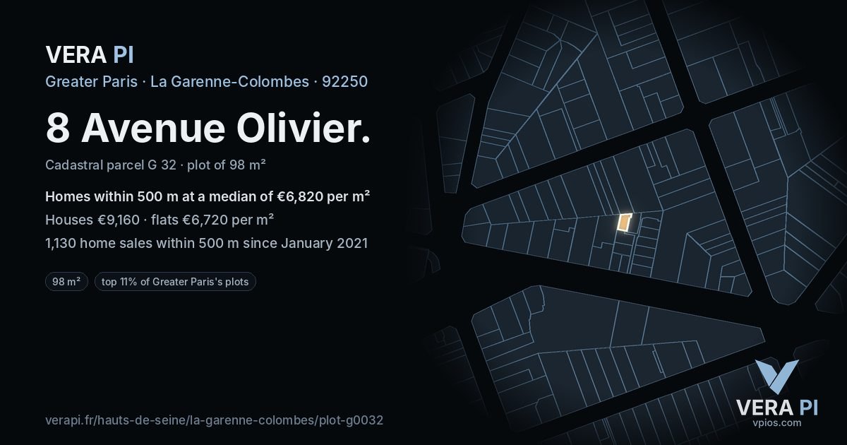 8 Avenue Olivier, La Garenne-Colombes at night – the plot lit, the parcels around coloured by the prices near them