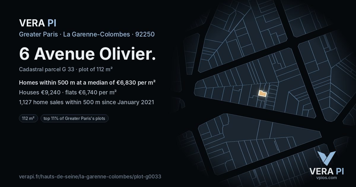 6 Avenue Olivier, La Garenne-Colombes at night – the plot lit, the parcels around coloured by the prices near them