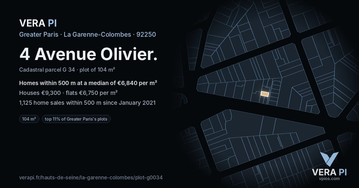 4 Avenue Olivier, La Garenne-Colombes at night – the plot lit, the parcels around coloured by the prices near them