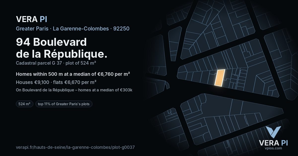 94 Boulevard de la République, La Garenne-Colombes at night – the plot lit, the parcels around coloured by the prices near them