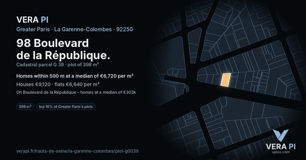 98 Boulevard de la République, La Garenne-Colombes at night – the plot lit, the parcels around coloured by the prices near them