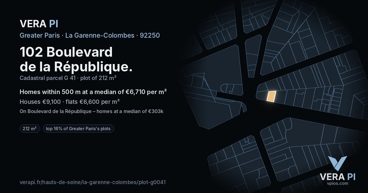 102 Boulevard de la République, La Garenne-Colombes at night – the plot lit, the parcels around coloured by the prices near them
