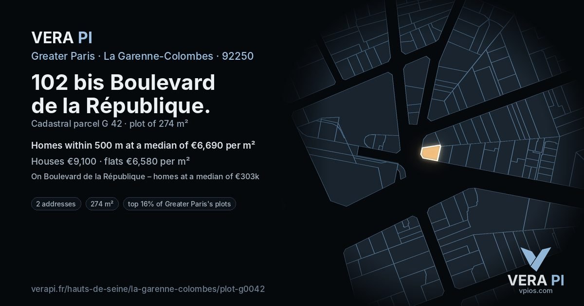 102 bis Boulevard de la République, La Garenne-Colombes at night – the plot lit, the parcels around coloured by the prices near them