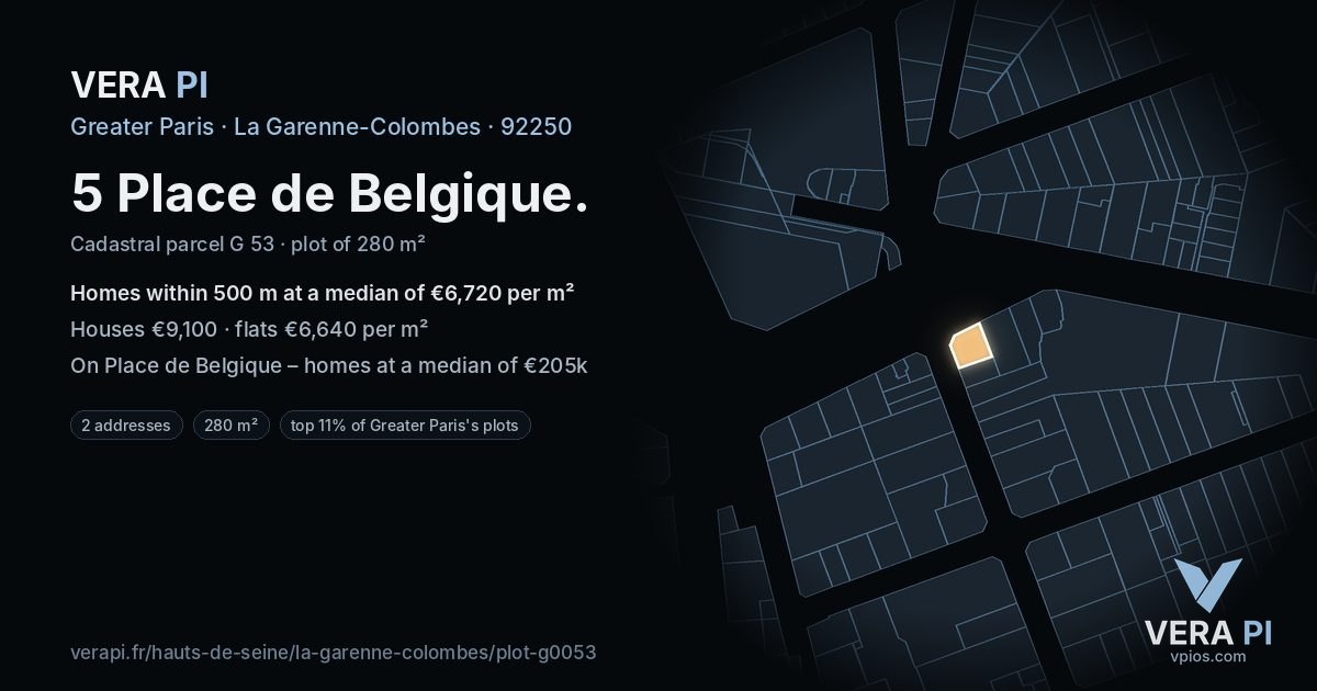 5 Place de Belgique, La Garenne-Colombes at night – the plot lit, the parcels around coloured by the prices near them