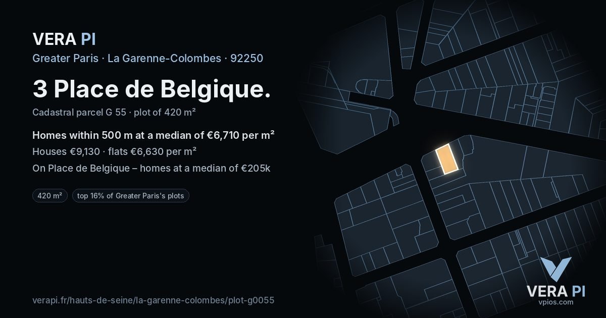 3 Place de Belgique, La Garenne-Colombes at night – the plot lit, the parcels around coloured by the prices near them