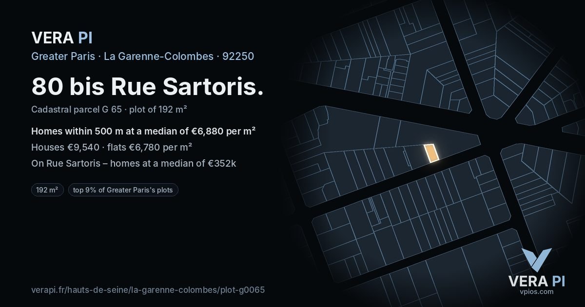 80 bis Rue Sartoris, La Garenne-Colombes at night – the plot lit, the parcels around coloured by the prices near them