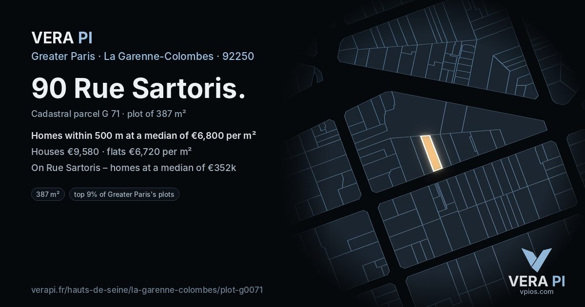 90 Rue Sartoris, La Garenne-Colombes at night – the plot lit, the parcels around coloured by the prices near them