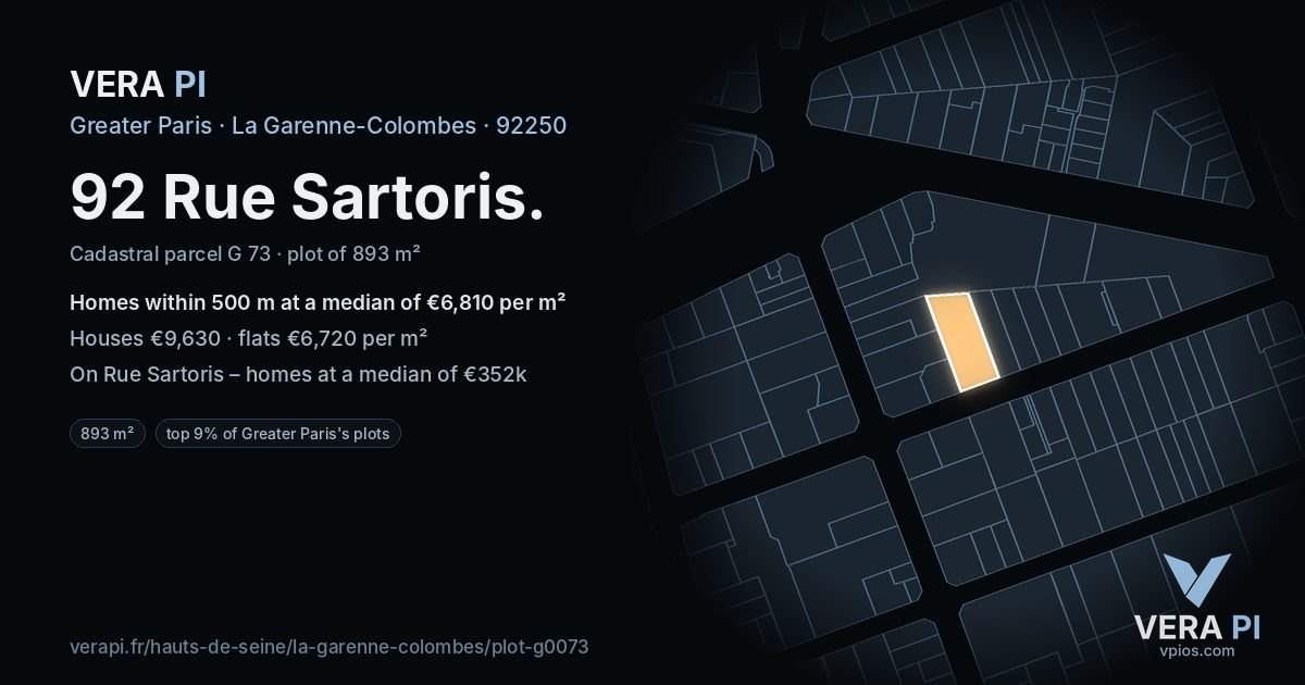 92 Rue Sartoris, La Garenne-Colombes at night – the plot lit, the parcels around coloured by the prices near them