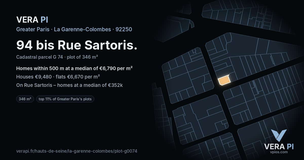 94 bis Rue Sartoris, La Garenne-Colombes at night – the plot lit, the parcels around coloured by the prices near them