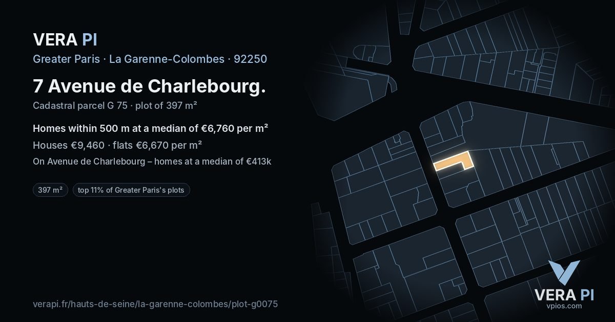7 Avenue de Charlebourg, La Garenne-Colombes at night – the plot lit, the parcels around coloured by the prices near them