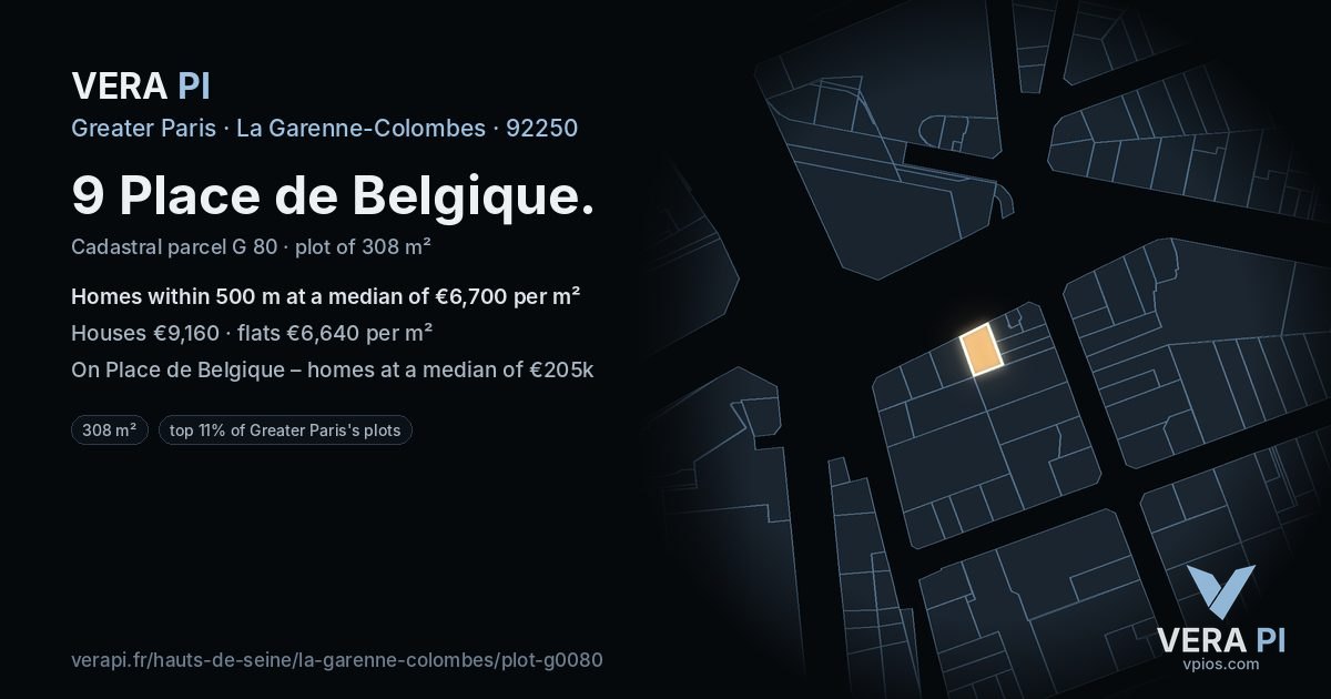 9 Place de Belgique, La Garenne-Colombes at night – the plot lit, the parcels around coloured by the prices near them