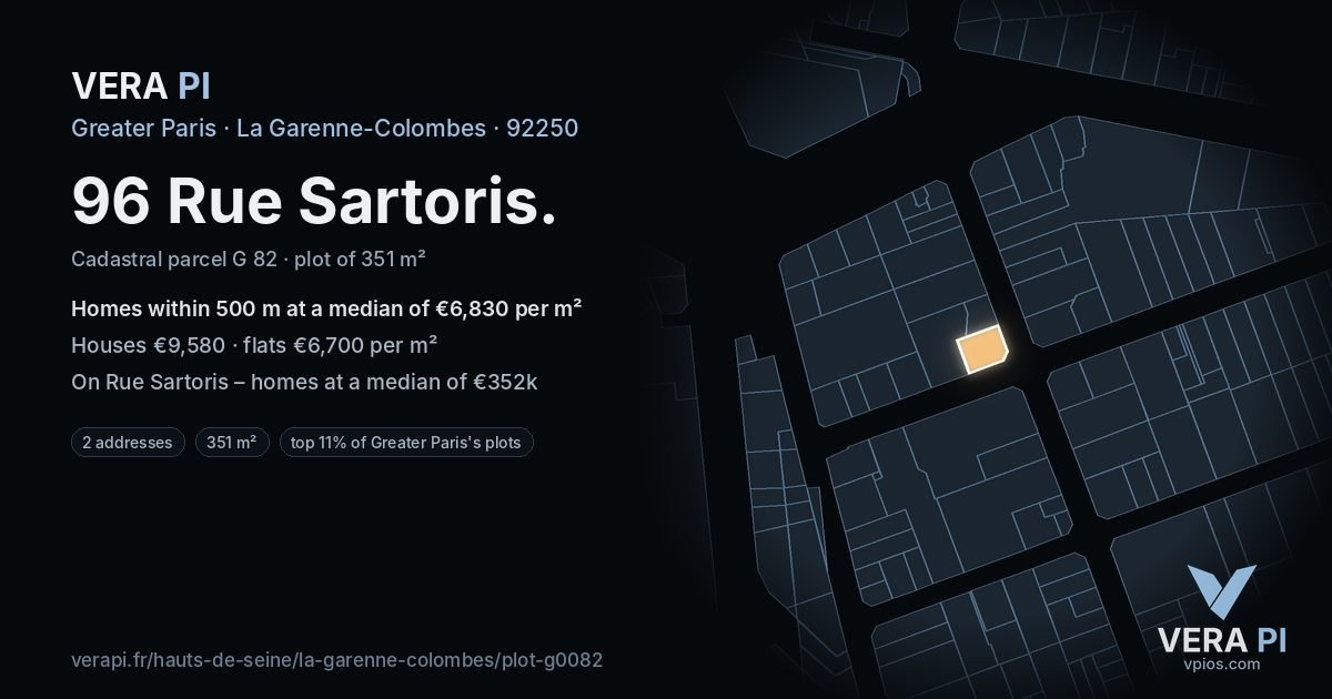 96 Rue Sartoris, La Garenne-Colombes at night – the plot lit, the parcels around coloured by the prices near them