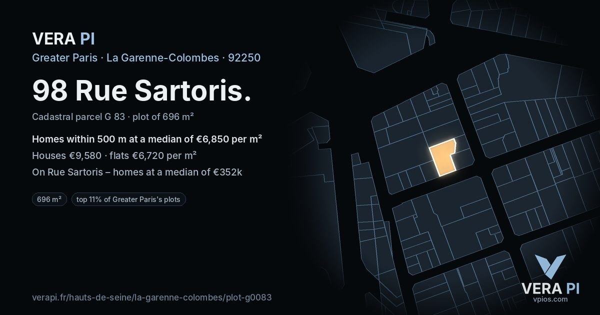 98 Rue Sartoris, La Garenne-Colombes at night – the plot lit, the parcels around coloured by the prices near them