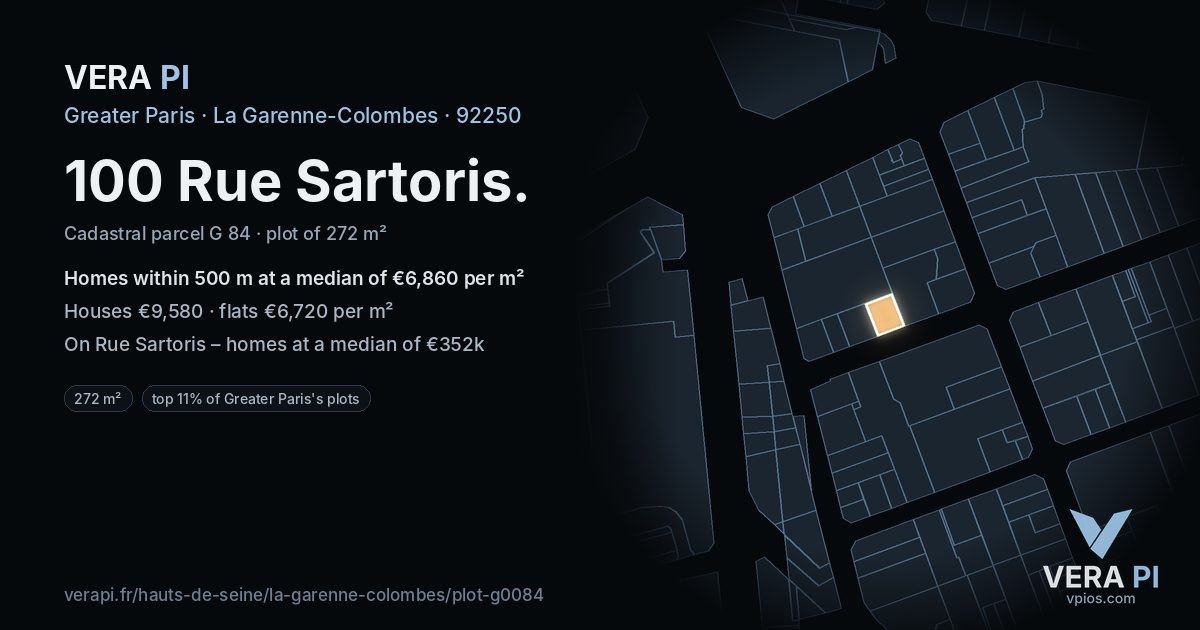 100 Rue Sartoris, La Garenne-Colombes at night – the plot lit, the parcels around coloured by the prices near them