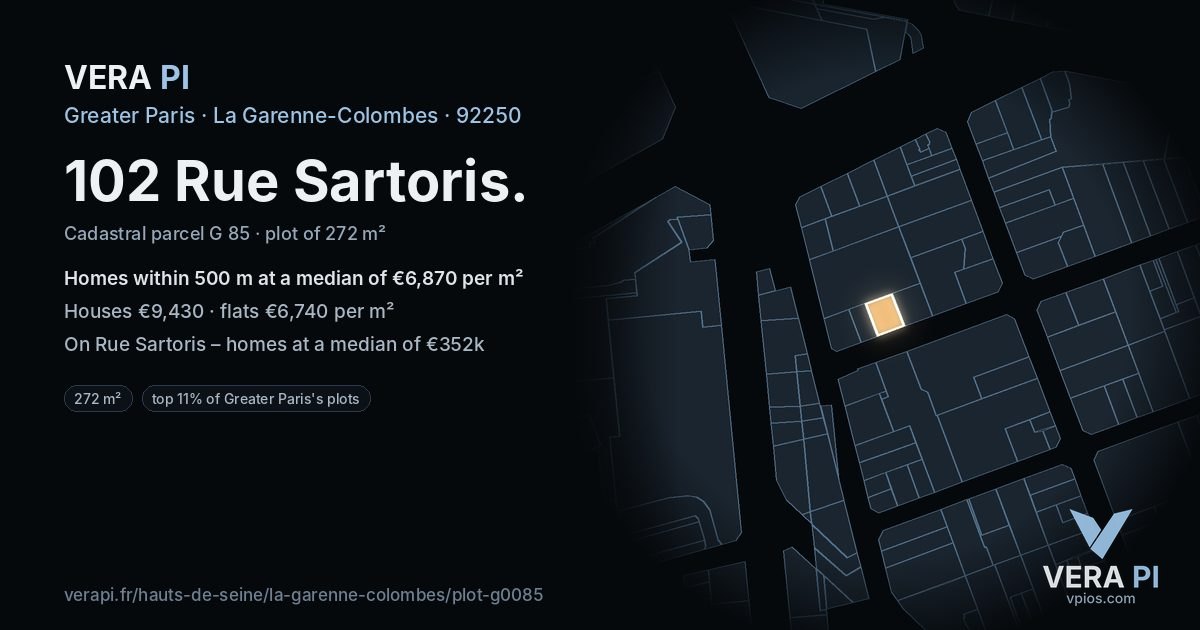 102 Rue Sartoris, La Garenne-Colombes at night – the plot lit, the parcels around coloured by the prices near them