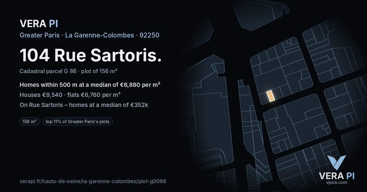 104 Rue Sartoris, La Garenne-Colombes at night – the plot lit, the parcels around coloured by the prices near them