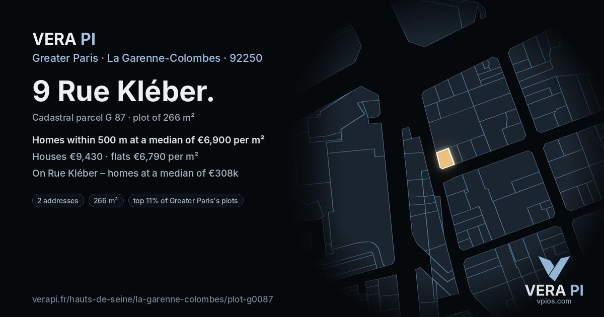 9 Rue Kléber, La Garenne-Colombes at night – the plot lit, the parcels around coloured by the prices near them