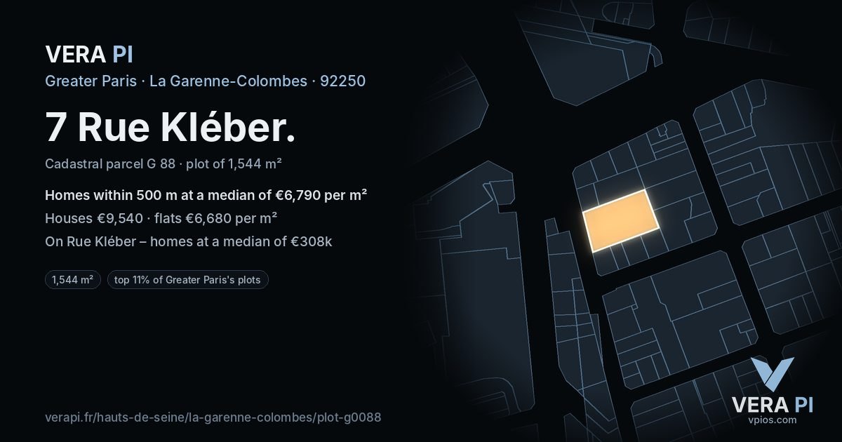 7 Rue Kléber, La Garenne-Colombes at night – the plot lit, the parcels around coloured by the prices near them