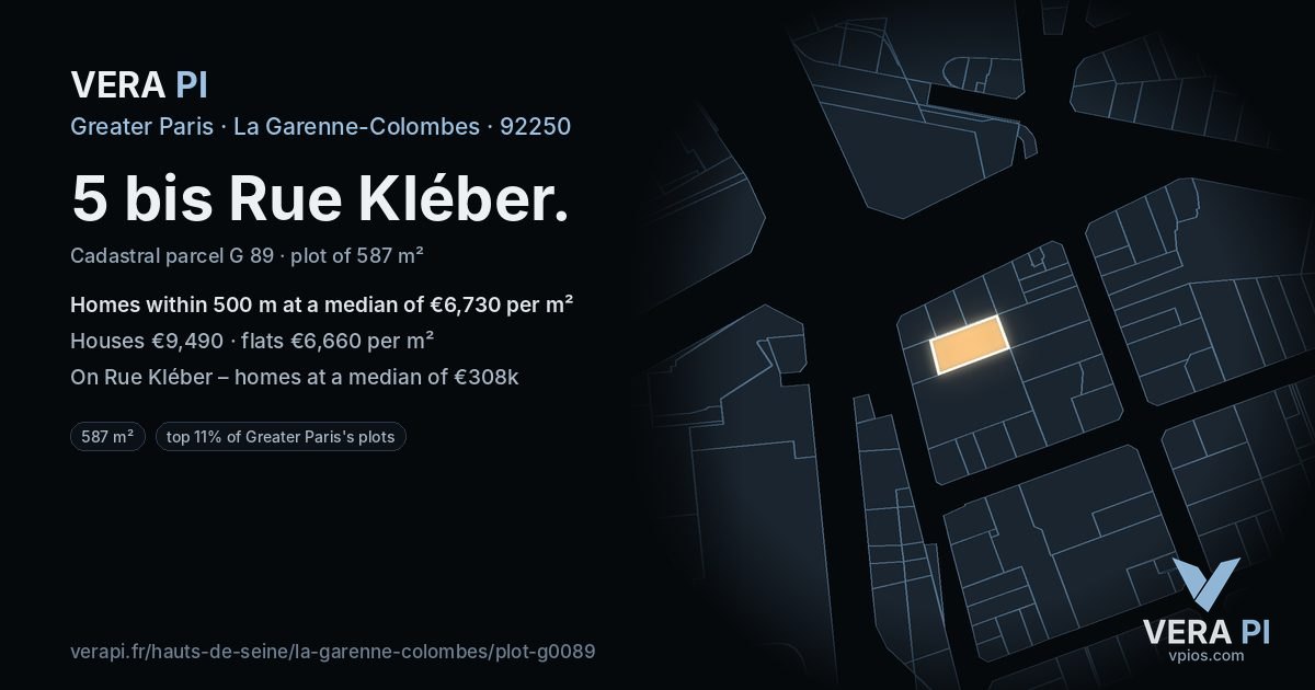 5 bis Rue Kléber, La Garenne-Colombes at night – the plot lit, the parcels around coloured by the prices near them