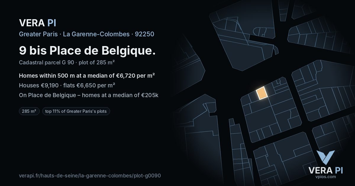 9 bis Place de Belgique, La Garenne-Colombes at night – the plot lit, the parcels around coloured by the prices near them