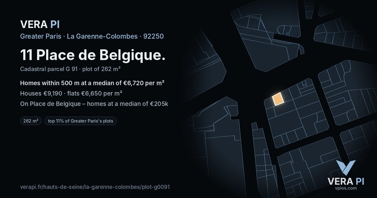11 Place de Belgique, La Garenne-Colombes at night – the plot lit, the parcels around coloured by the prices near them