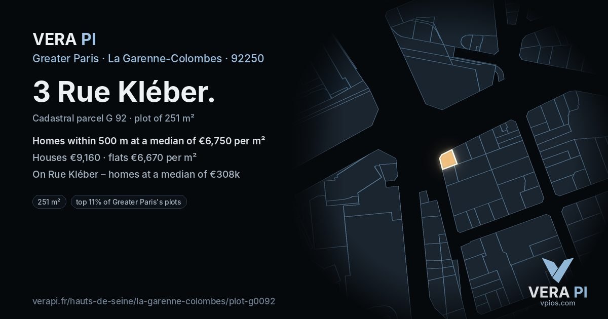 3 Rue Kléber, La Garenne-Colombes at night – the plot lit, the parcels around coloured by the prices near them