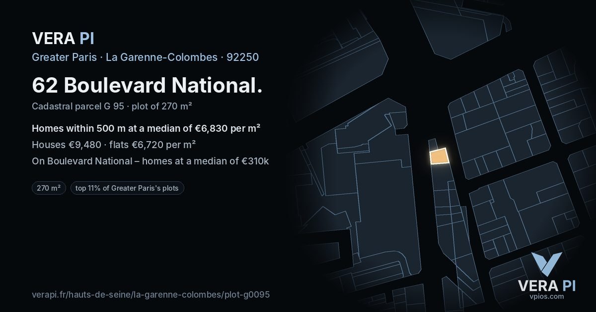 62 Boulevard National, La Garenne-Colombes at night – the plot lit, the parcels around coloured by the prices near them