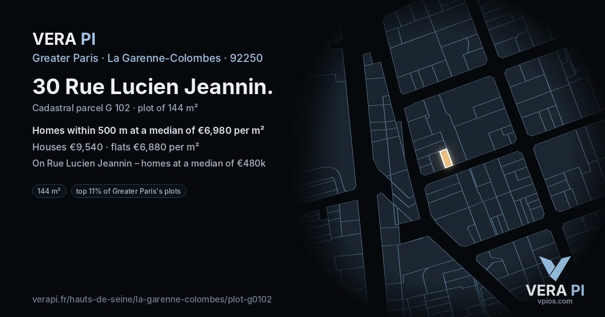 30 Rue Lucien Jeannin, La Garenne-Colombes at night – the plot lit, the parcels around coloured by the prices near them