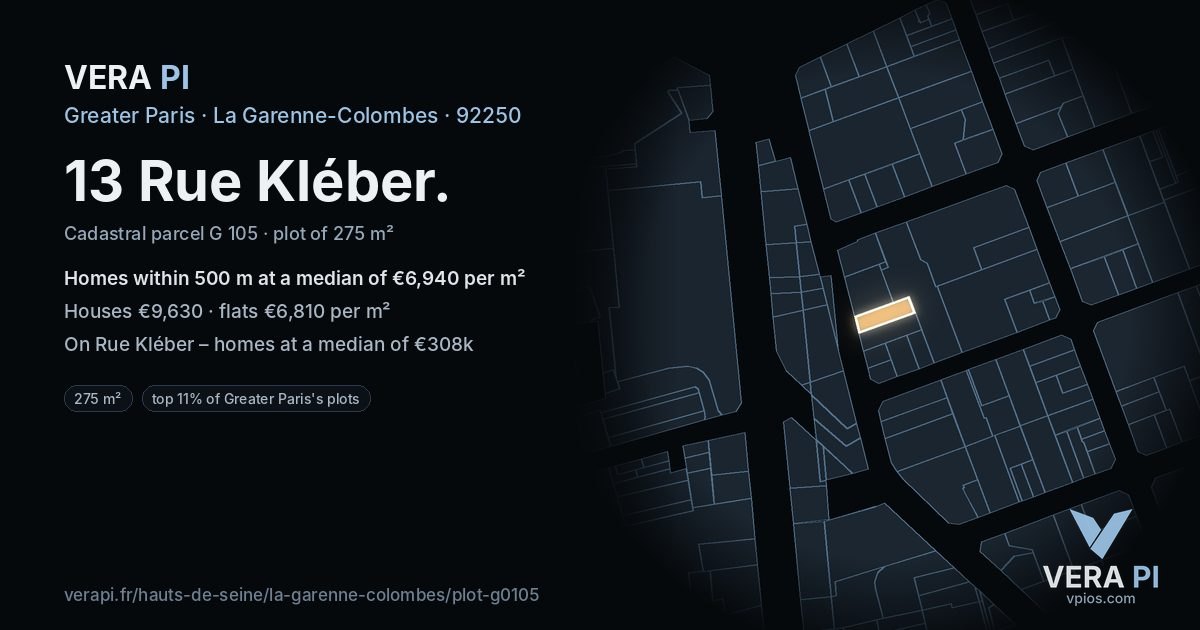 13 Rue Kléber, La Garenne-Colombes at night – the plot lit, the parcels around coloured by the prices near them