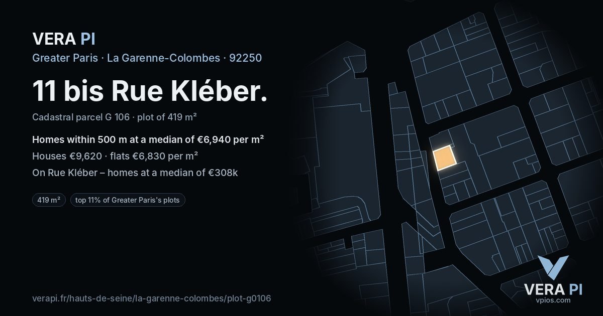 11 bis Rue Kléber, La Garenne-Colombes at night – the plot lit, the parcels around coloured by the prices near them