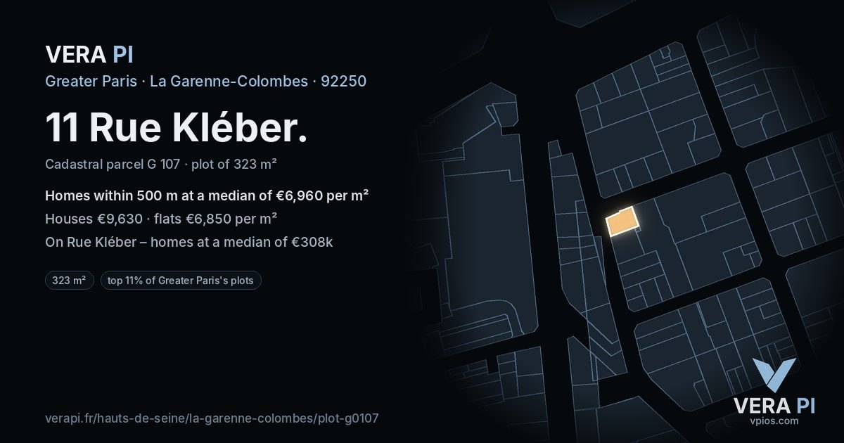 11 Rue Kléber, La Garenne-Colombes at night – the plot lit, the parcels around coloured by the prices near them