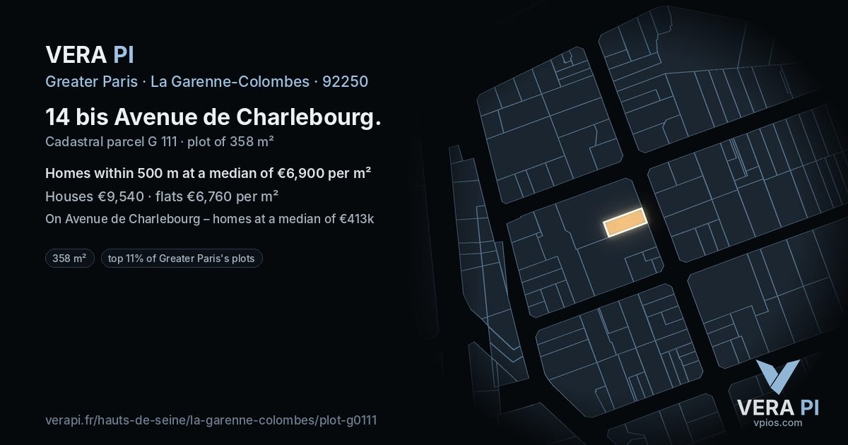 14 bis Avenue de Charlebourg, La Garenne-Colombes at night – the plot lit, the parcels around coloured by the prices near them