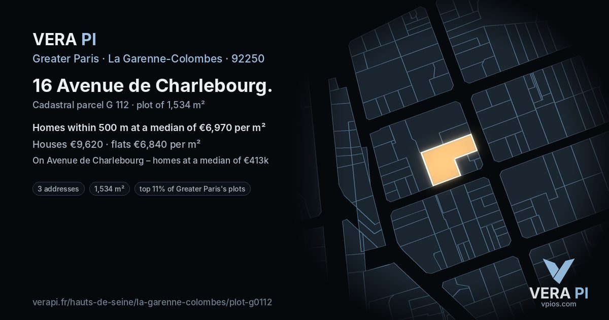 16 Avenue de Charlebourg, La Garenne-Colombes at night – the plot lit, the parcels around coloured by the prices near them