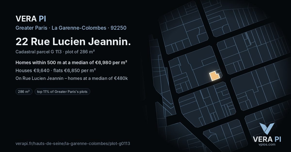 22 Rue Lucien Jeannin, La Garenne-Colombes at night – the plot lit, the parcels around coloured by the prices near them